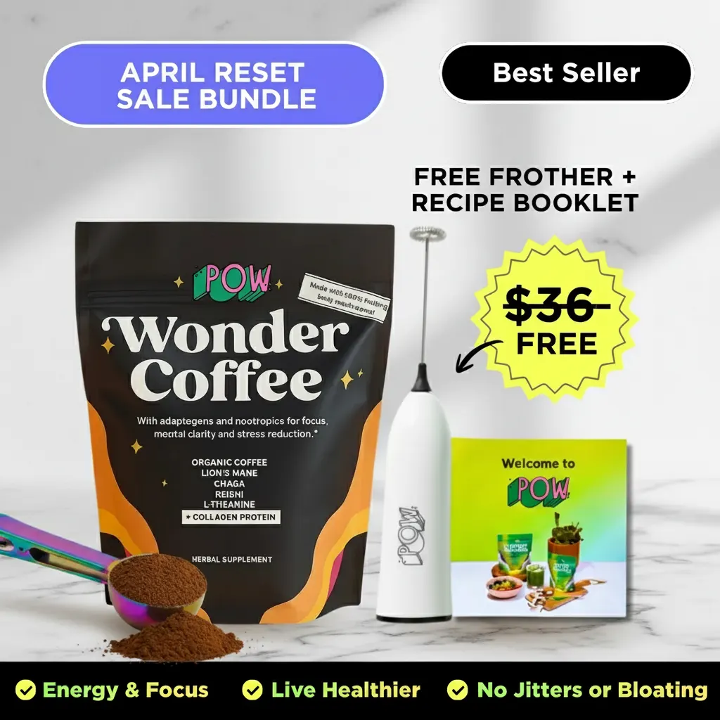 Wonder Coffee Starter Pack powder in a minimalist glass jar on a modern kitchen counter, morning sunlight streaming in, wo...