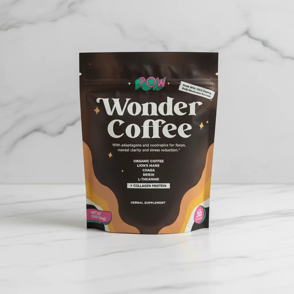 Pow Wonder Coffee premium mushroom coffee powder in sleek minimalist jar with clean label, wooden spoon with powder, mushr...