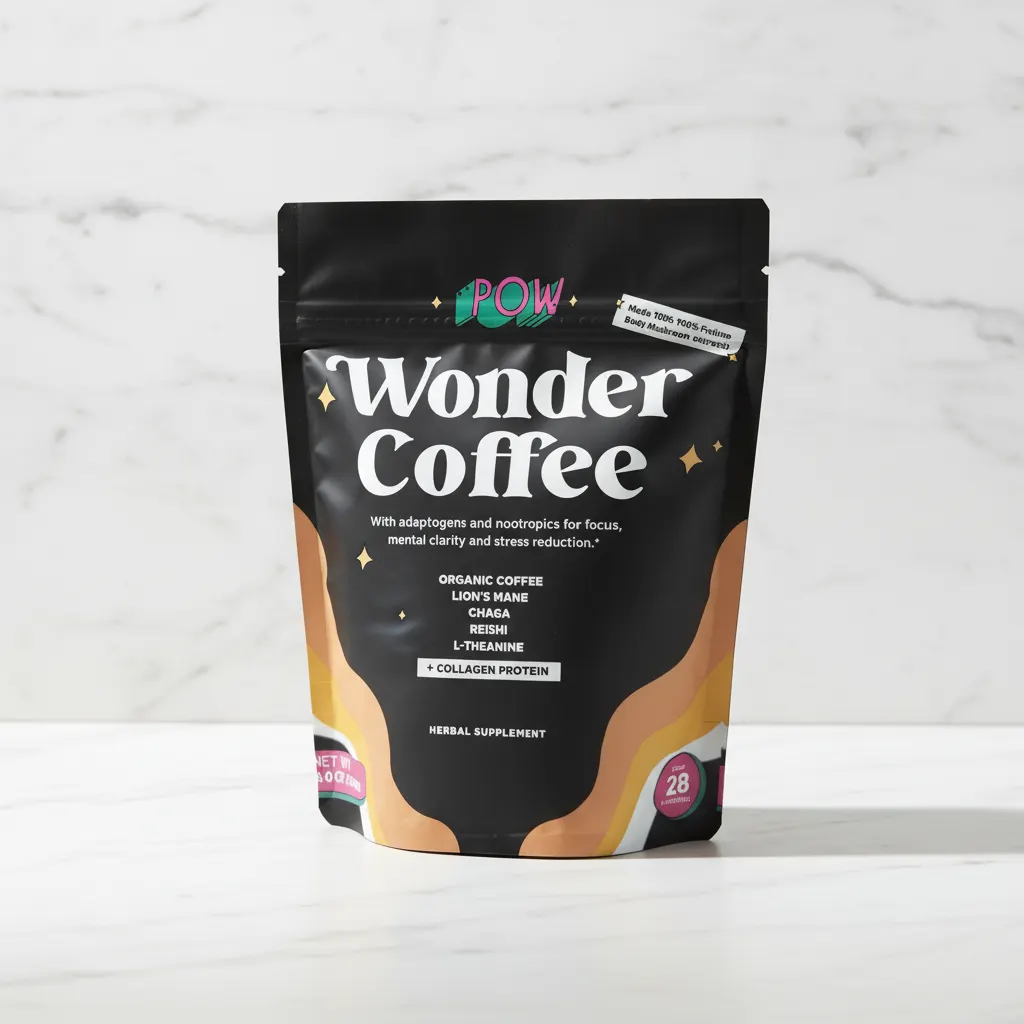 Wonder Coffee mushroom powder in elegant branded bag on clean white kitchen counter, morning sunlight, minimal composition...