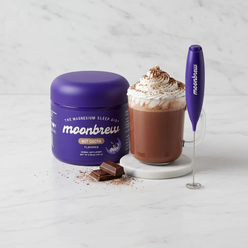 MoonBrew purple jar with measuring spoon on wooden nightstand beside glass of water, warm ambient lighting, product photog...