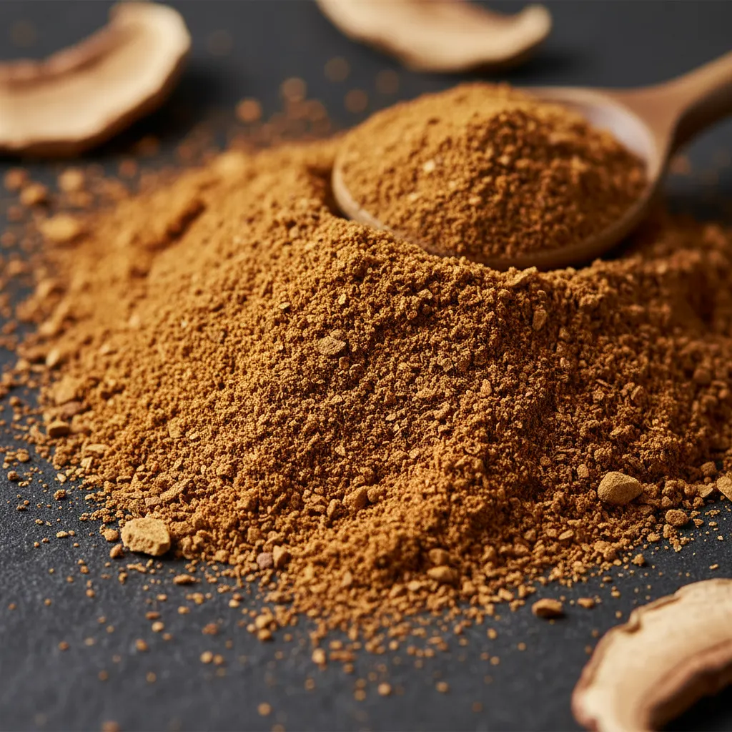 Extreme close-up macro photography of dried mushroom coffee powder with granulated texture, warm golden-brown tones, minim...