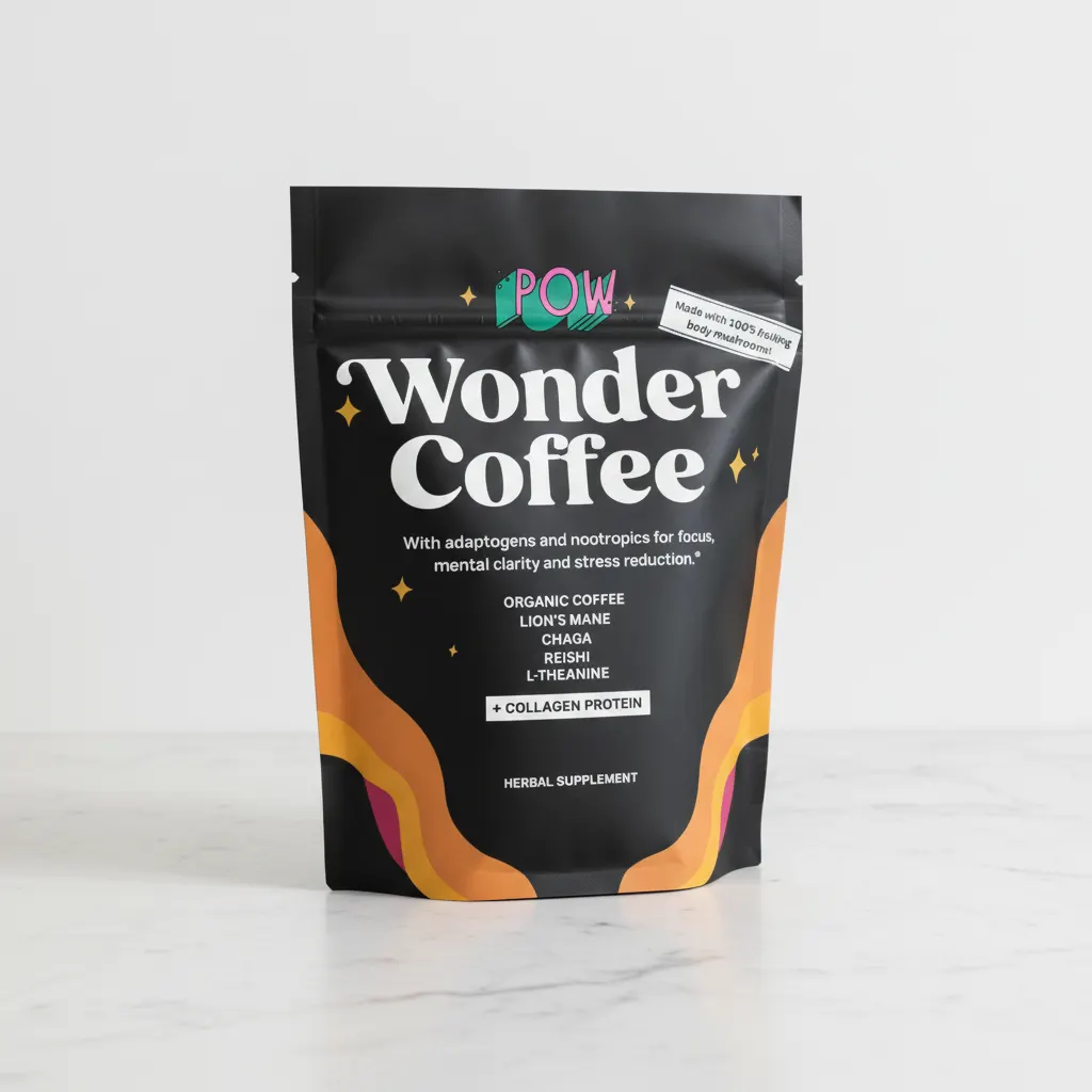 Wonder Coffee container on clean modern kitchen counter with morning sunlight, minimalist styled, product photography, pro...
