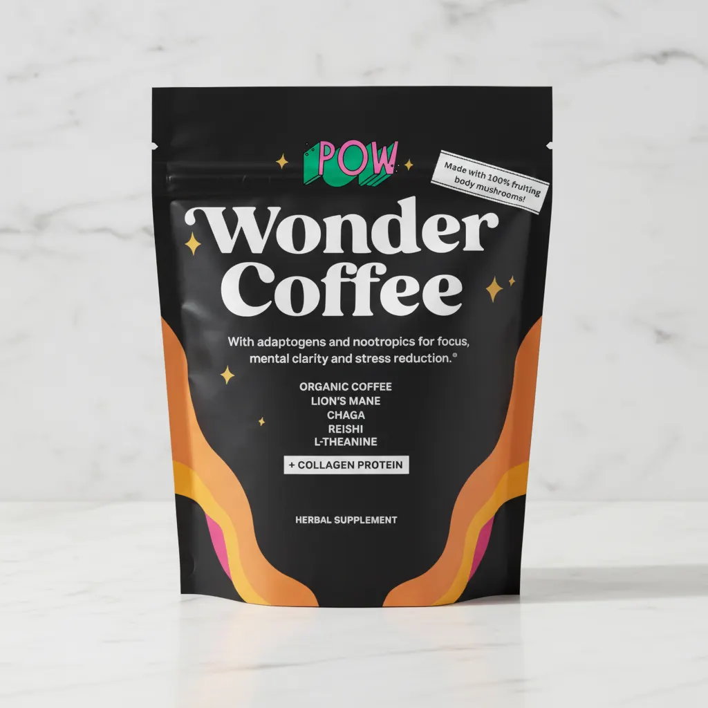 Premium mushroom coffee product bag displayed against neutral background with scattered coffee beans and dried mushroom pi...