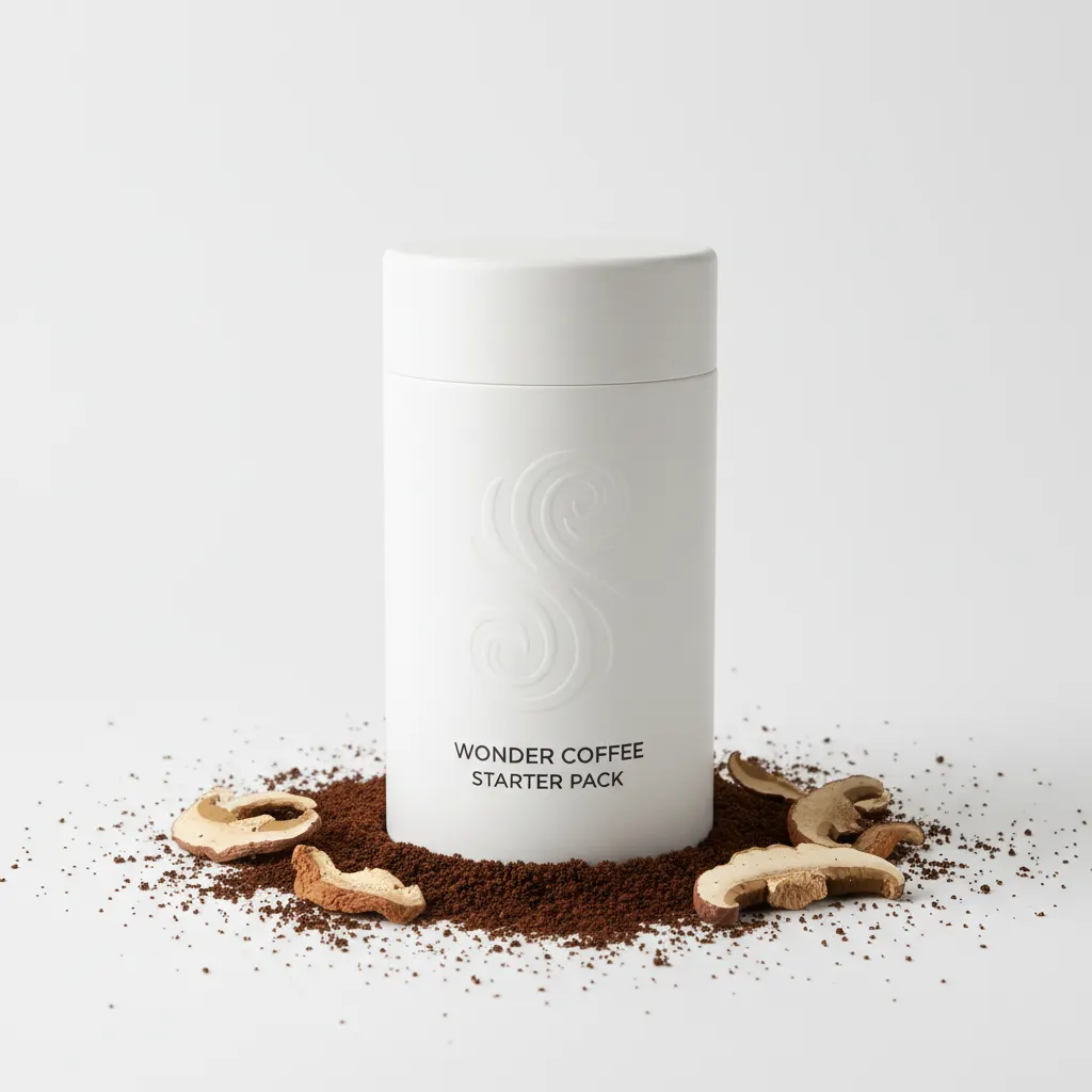 Wonder Coffee Starter Pack in white cylindrical container with minimal branding, surrounded by loose coffee grounds and dr...