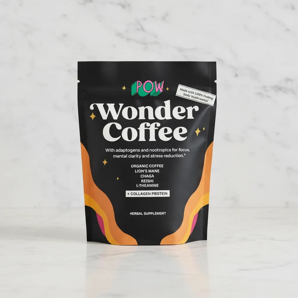 Pow Wonder Coffee Starter Pack displayed with visible ingredients, mushroom pieces, coffee grounds, and collagen peptides ...