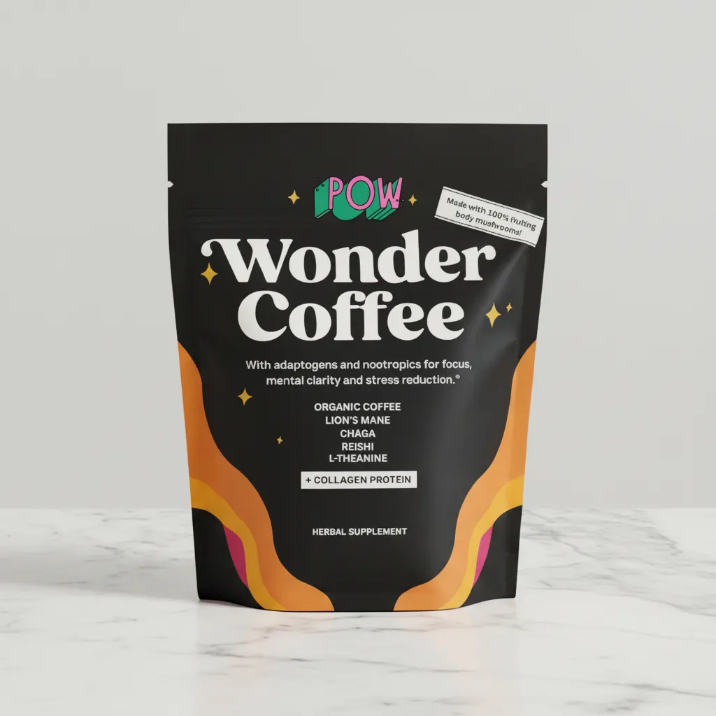 Flat-lay overhead of Wonder Coffee package on a warm wooden surface, surrounded by organic coffee beans, fresh mushroom sp...