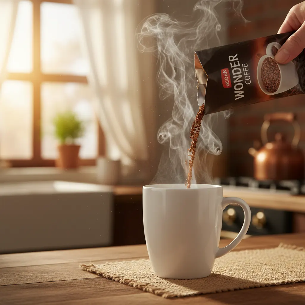 Wonder Coffee packet pouring rich brown coffee into white ceramic mug with steam rising, warm morning kitchen light, cozy ...