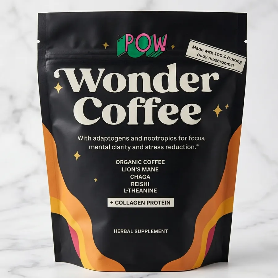 Clean product shot of Wonder Coffee Starter Pack supplement packaging on a white marble surface, soft , sharp focus, profe...