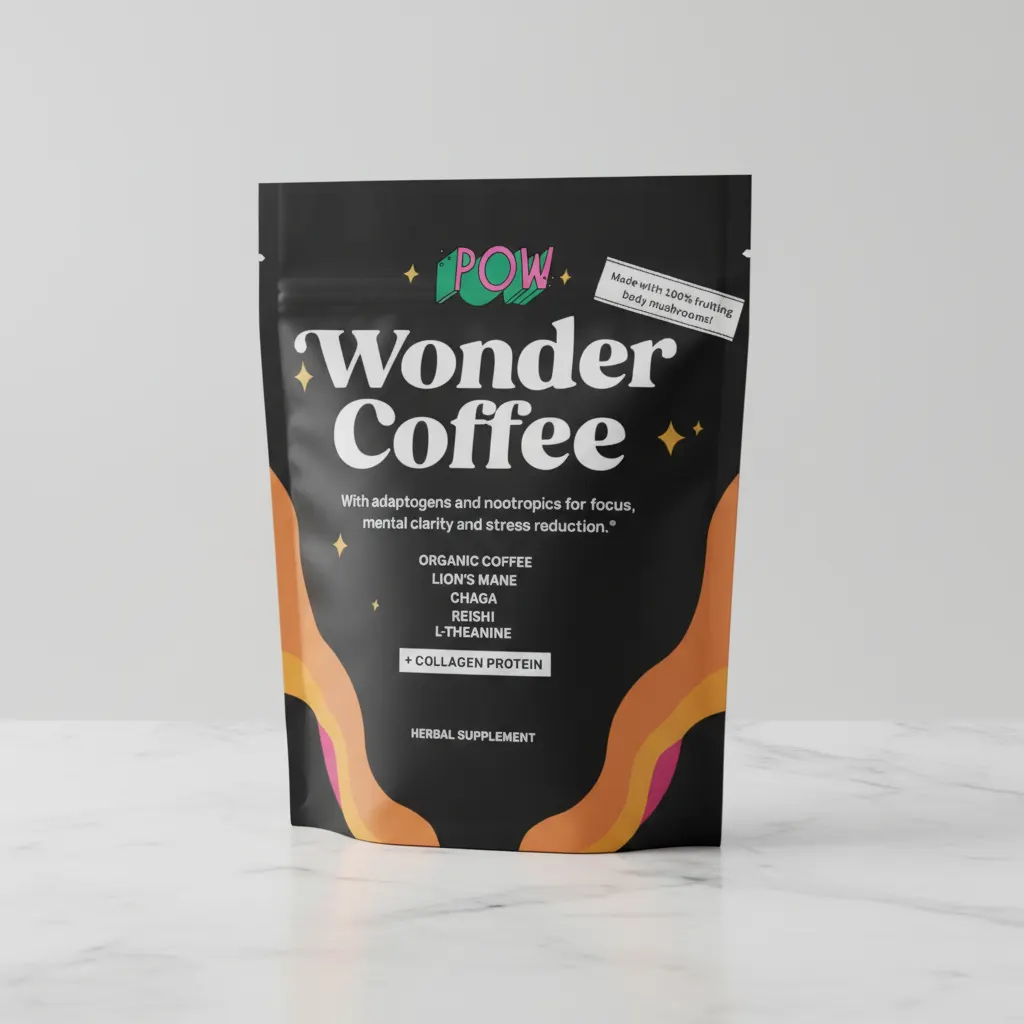 Pow Wonder Coffee starter pack on clean white kitchen counter with morning sunlight streaming in, premium packaging visibl...