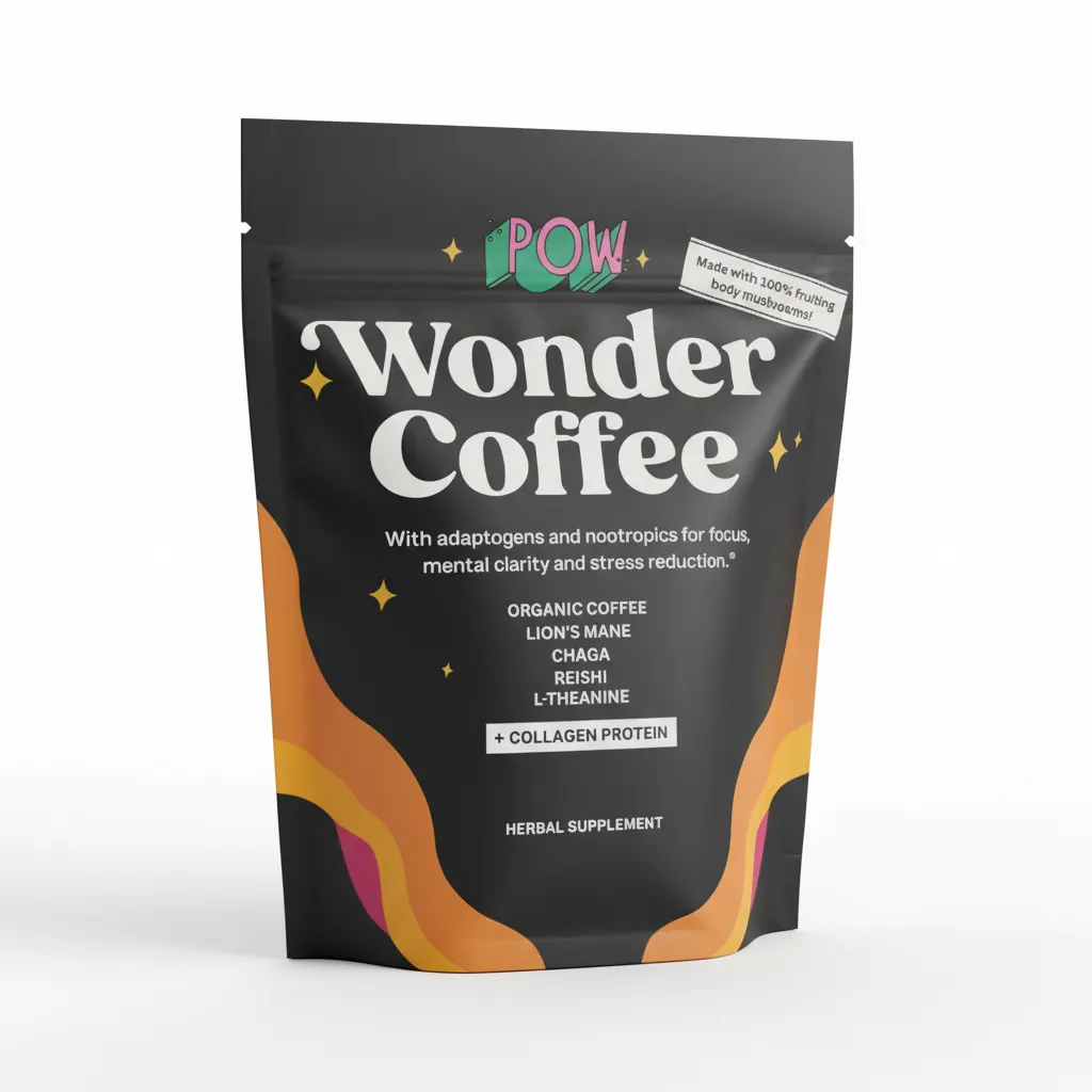 Premium mushroom coffee powder in glass jar with wooden spoon, showing fine texture and rich color, soft natural window li...