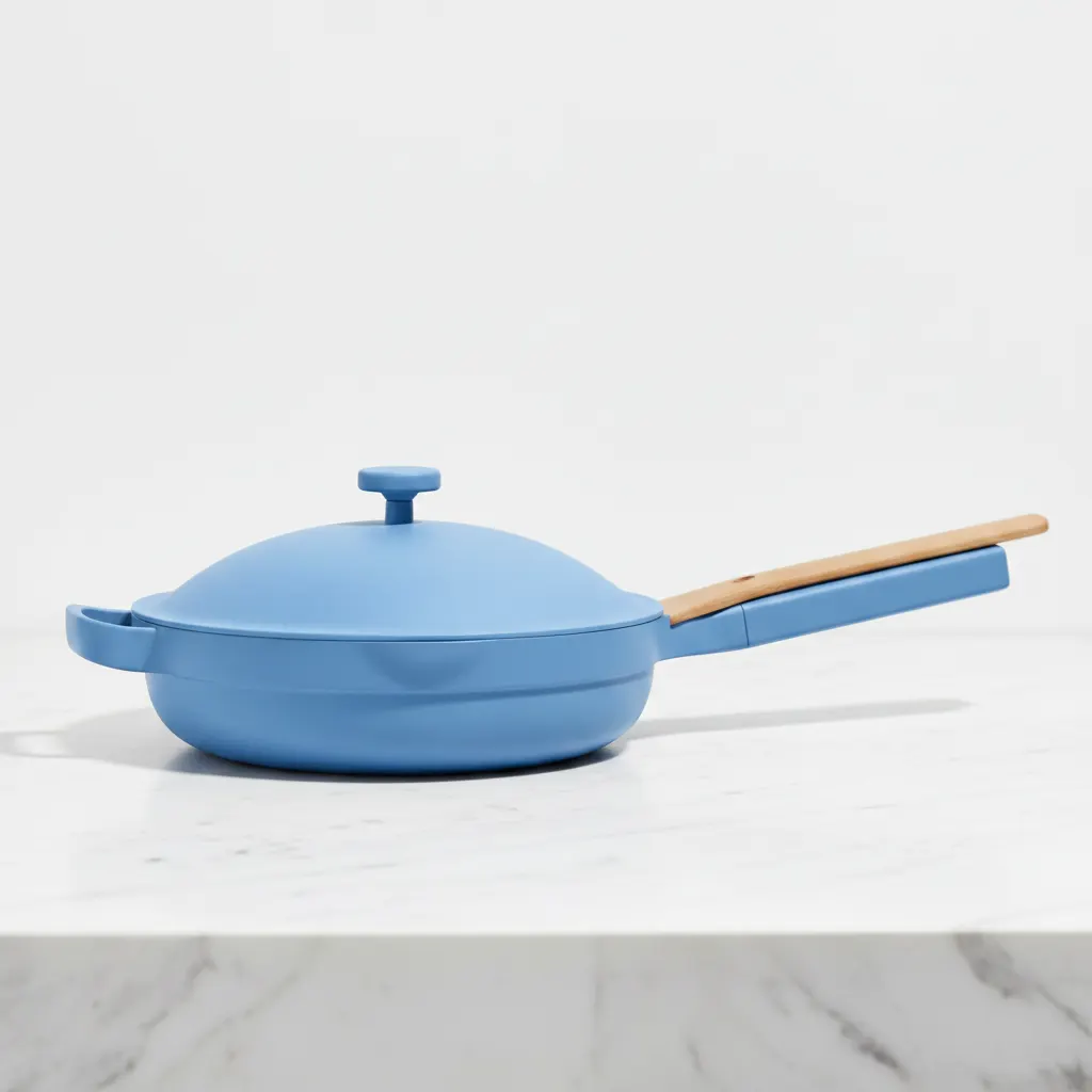 Always Essential ceramic nonstick cooking pan flat lay on neutral surface, showing Thermakind coating detail, recycled alu...