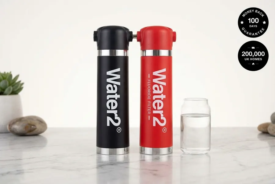 A frosted white under-sink water filter canister with red accent trim installed beneath a modern kitchen sink, viewed from...