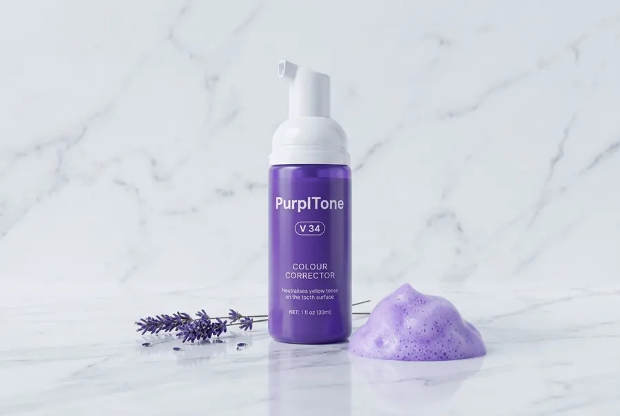 A frosted-glass pump bottle of purple colour-correcting foam on a clean white marble counter