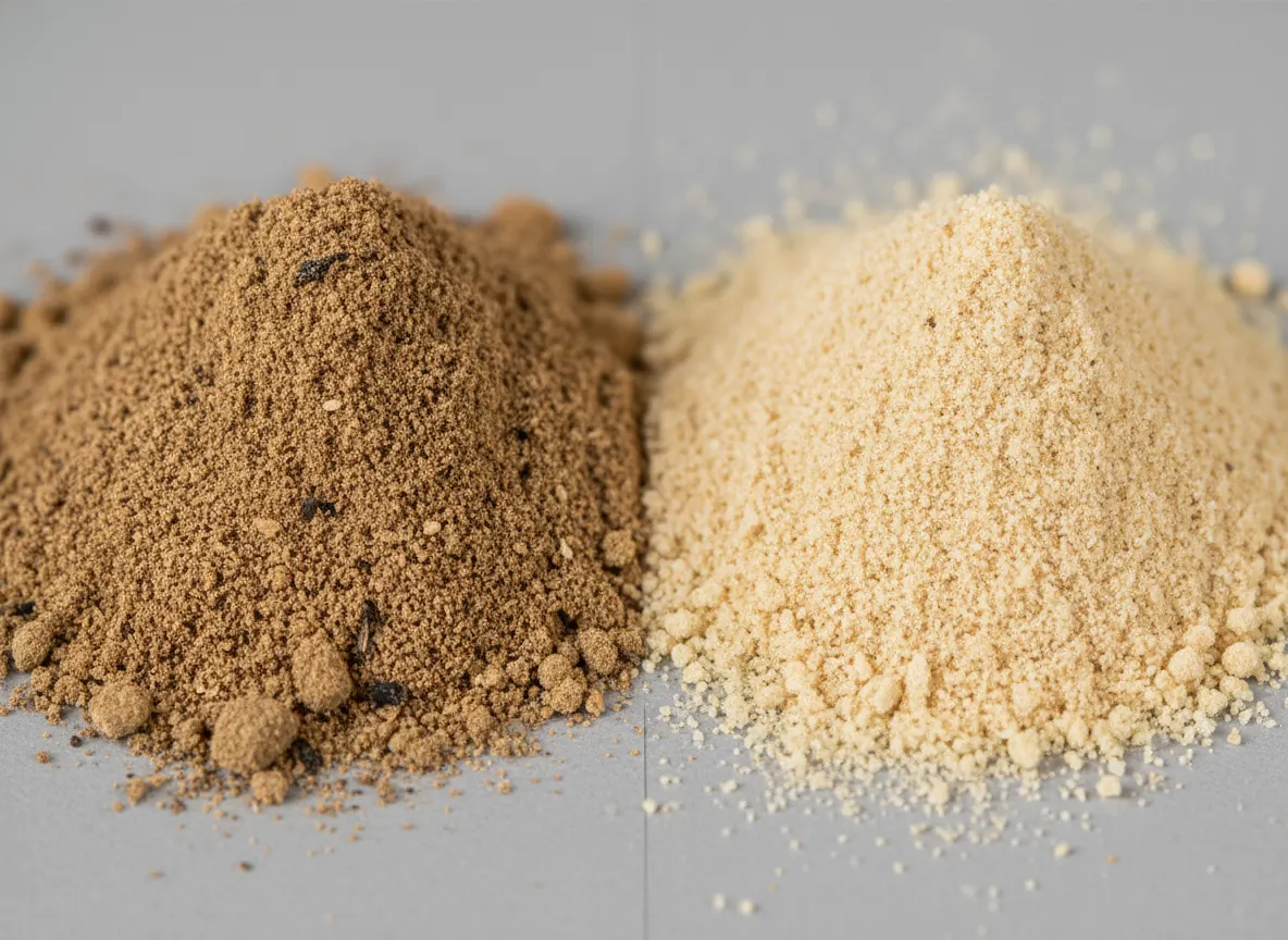Close-up of mushroom powder and grain filler comparison side-by-side, educational scientific style, neutral background, ma...