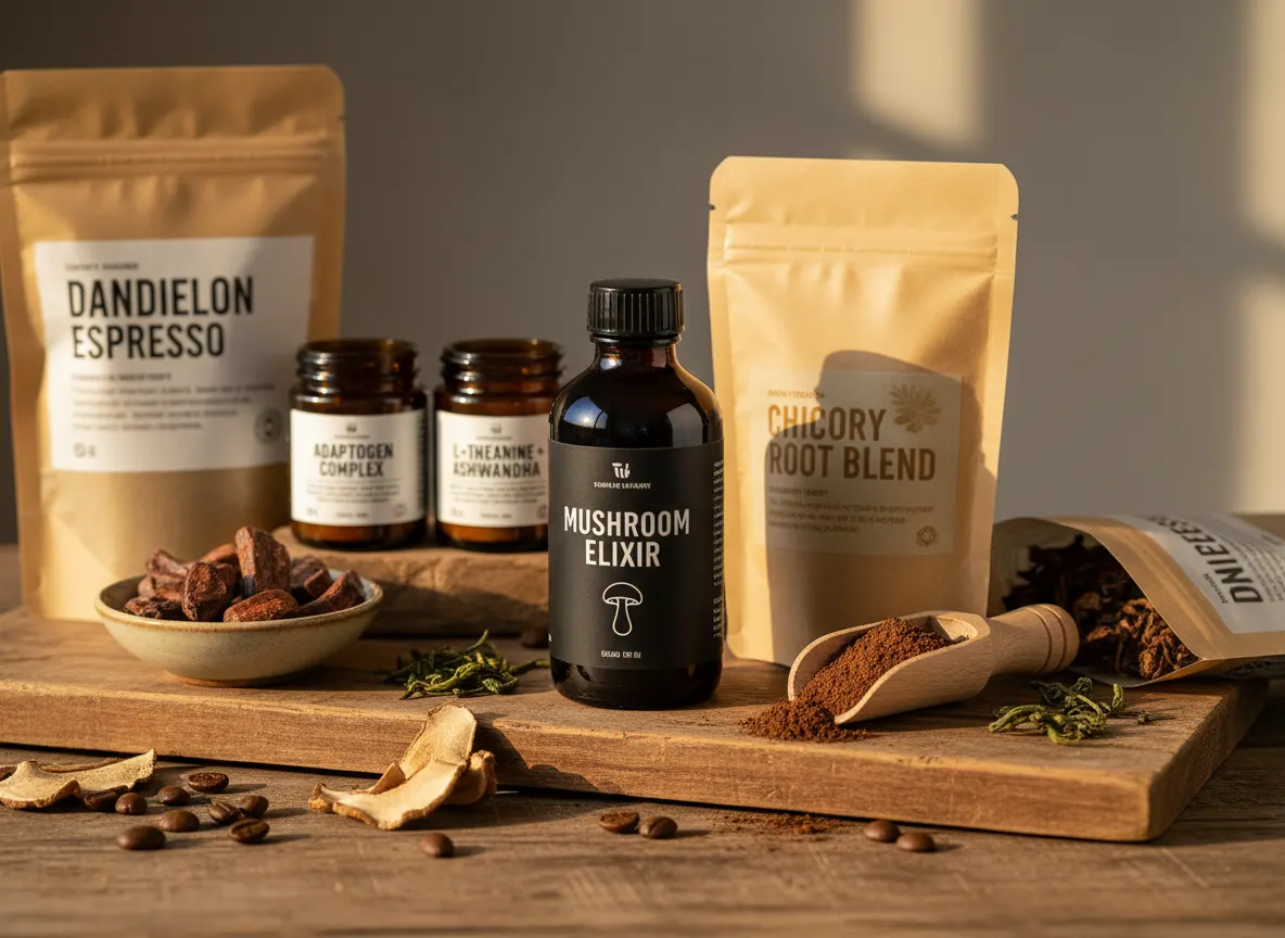Close-up of various coffee alternatives and supplements on wooden surface with warm sunlight, product photography style, s...