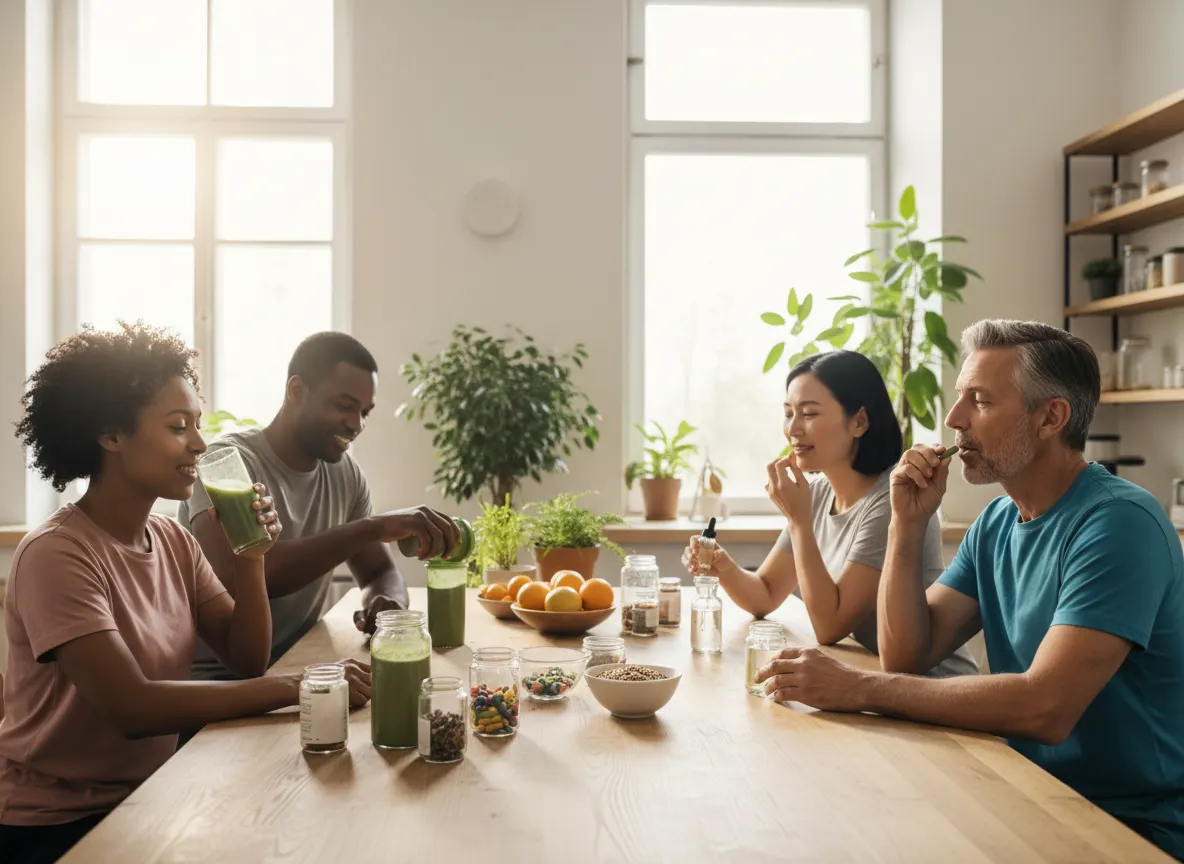 Group of diverse middle-aged adults trying different morning supplements and wellness routines, bright natural light, hope...