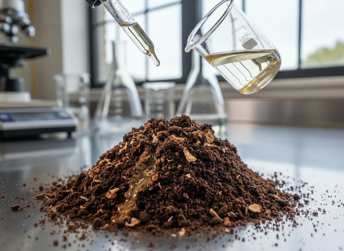 Detailed close-up of mushroom extracts being combined with coffee grounds, scientific laboratory aesthetic, showing textur...