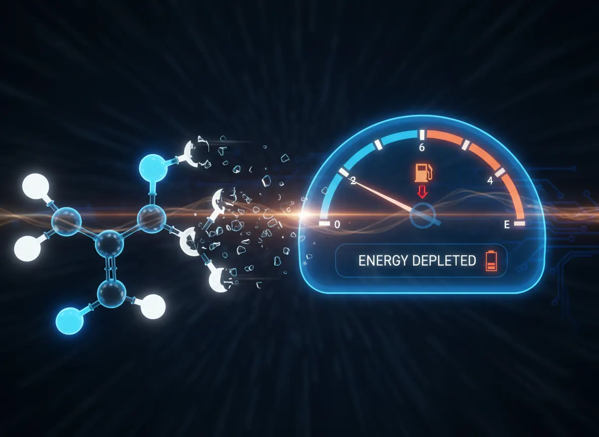 Close-up macro of caffeine molecule structure or fuel gauge dashboard showing empty tank, scientific illustration style, c...
