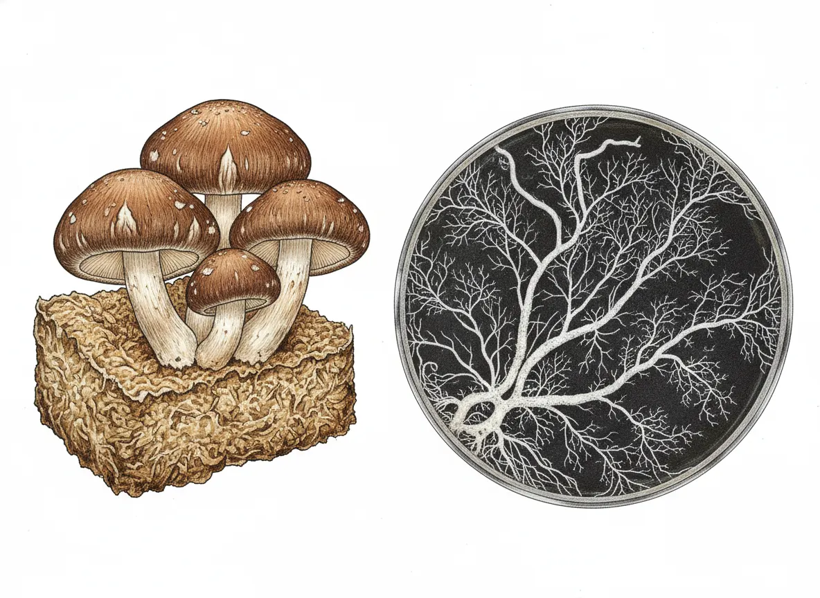 Close-up scientific illustration style of mushroom fruiting body versus mycelium root structure comparison, detailed botan...
