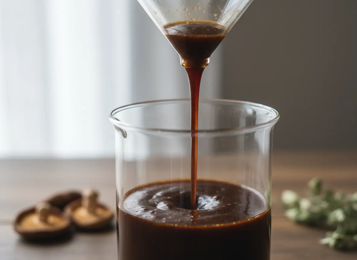 Close-up of premium mushroom coffee powder being properly extracted, rich dark brown color, concentrated texture showing ,...