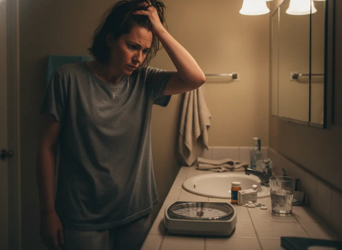 Woman looking frustrated at bathroom scale after stopping medication, dimly lit bathroom, concerned expression, realistic ...