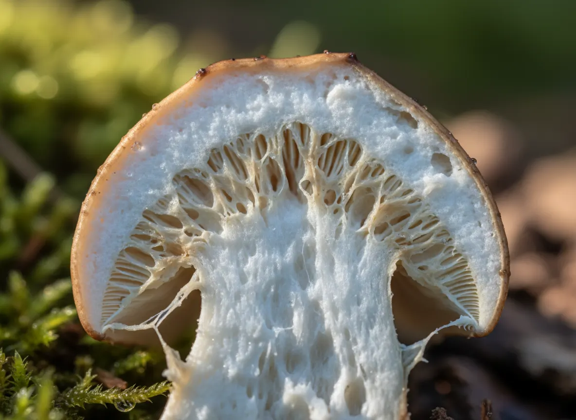 Close-up macro shot of mushroom fruiting body cross-section showing white interior structure, organic , scientific but bea...
