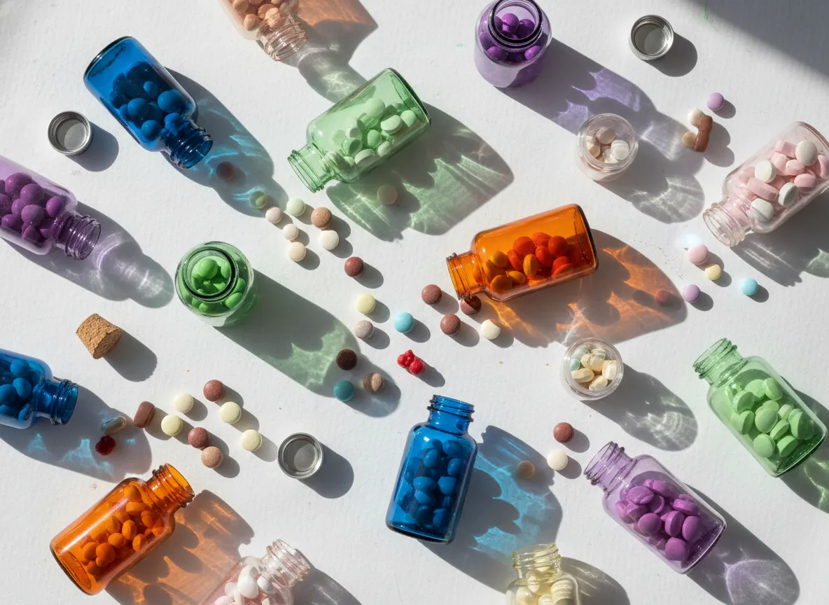 Array of colorful sleep supplement bottles and pills scattered on white surface, natural daylight, flat lay product photog...