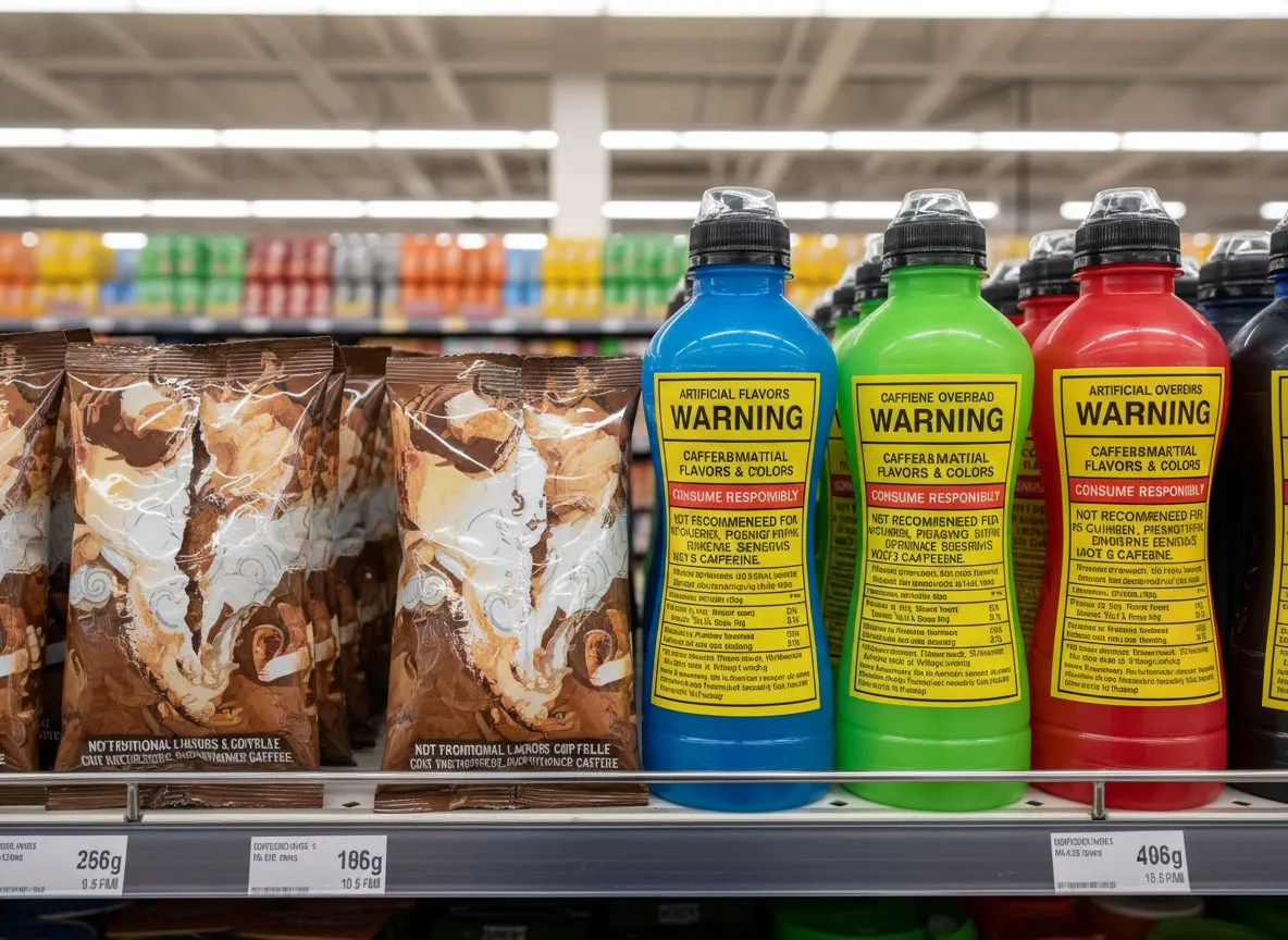 Close-up of coffee companies' traditional instant coffee packets and high-caffeine energy drink bottles on shelf, showing ...