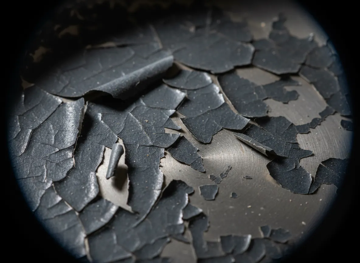 Close-up macro shot of chemical coating peeling from traditional nonstick pan surface, scientific photography style showin...