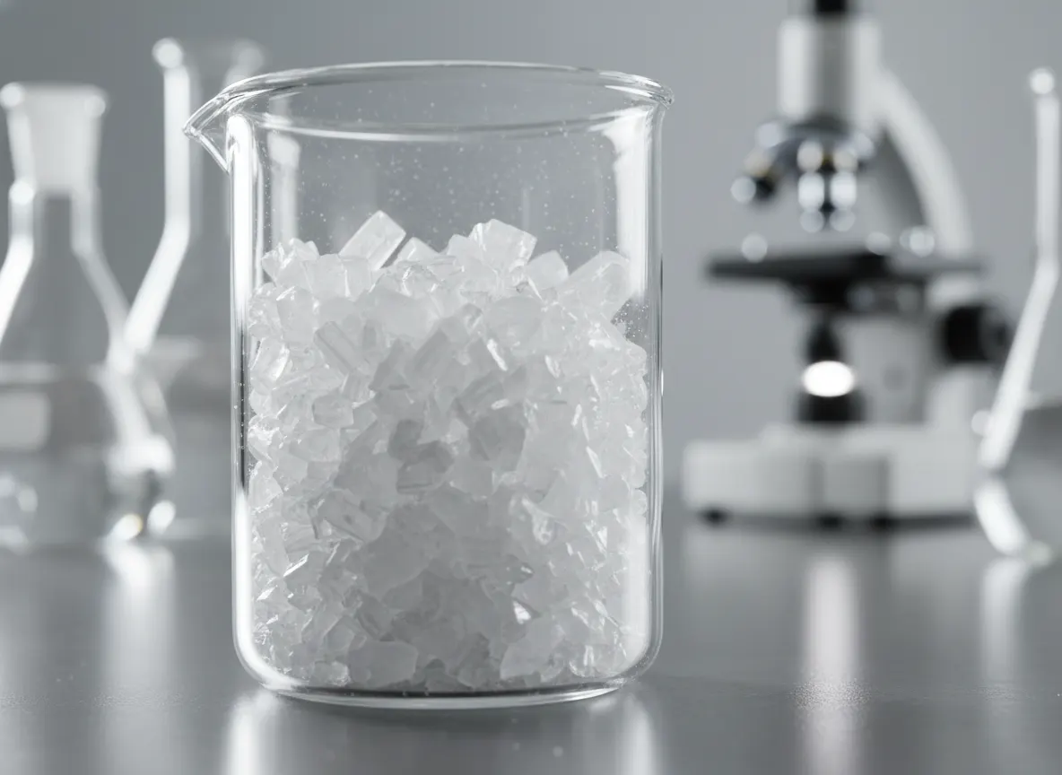 Close-up macro shot of L-theanine crystalline structure or amino acid powder in scientific beaker with soft focus backgrou...