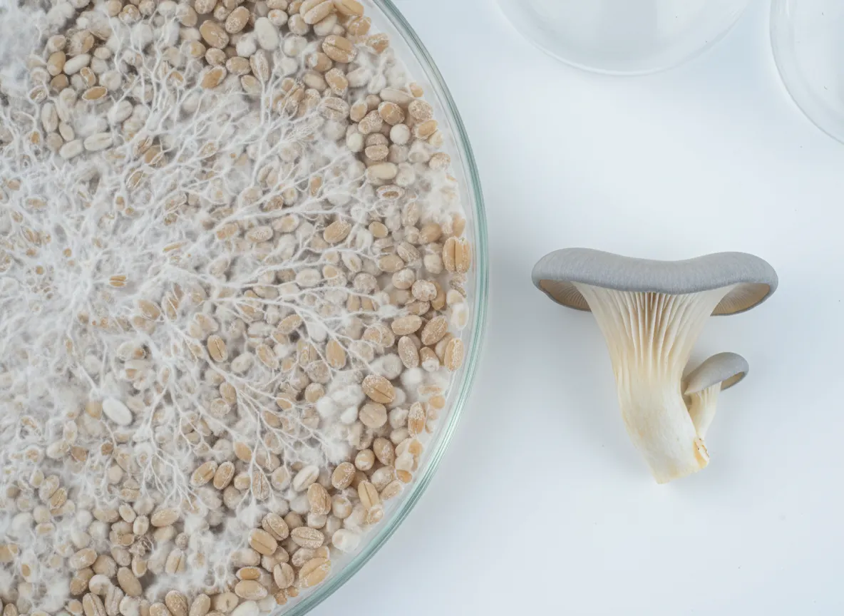 Close-up comparison shot showing mycelium grain filler versus whole mushroom fruiting body side-by-side, clinical educatio...