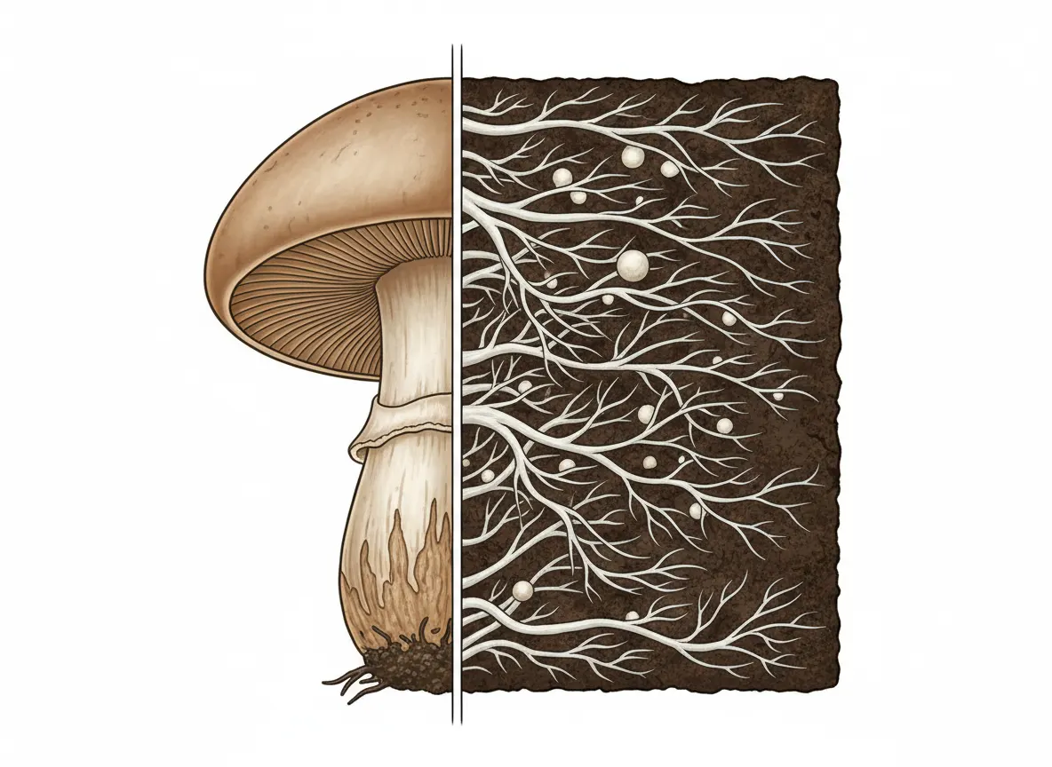 Cross-section diagram showing fruiting body of functional mushroom versus mycelium root structure, scientific educational ...