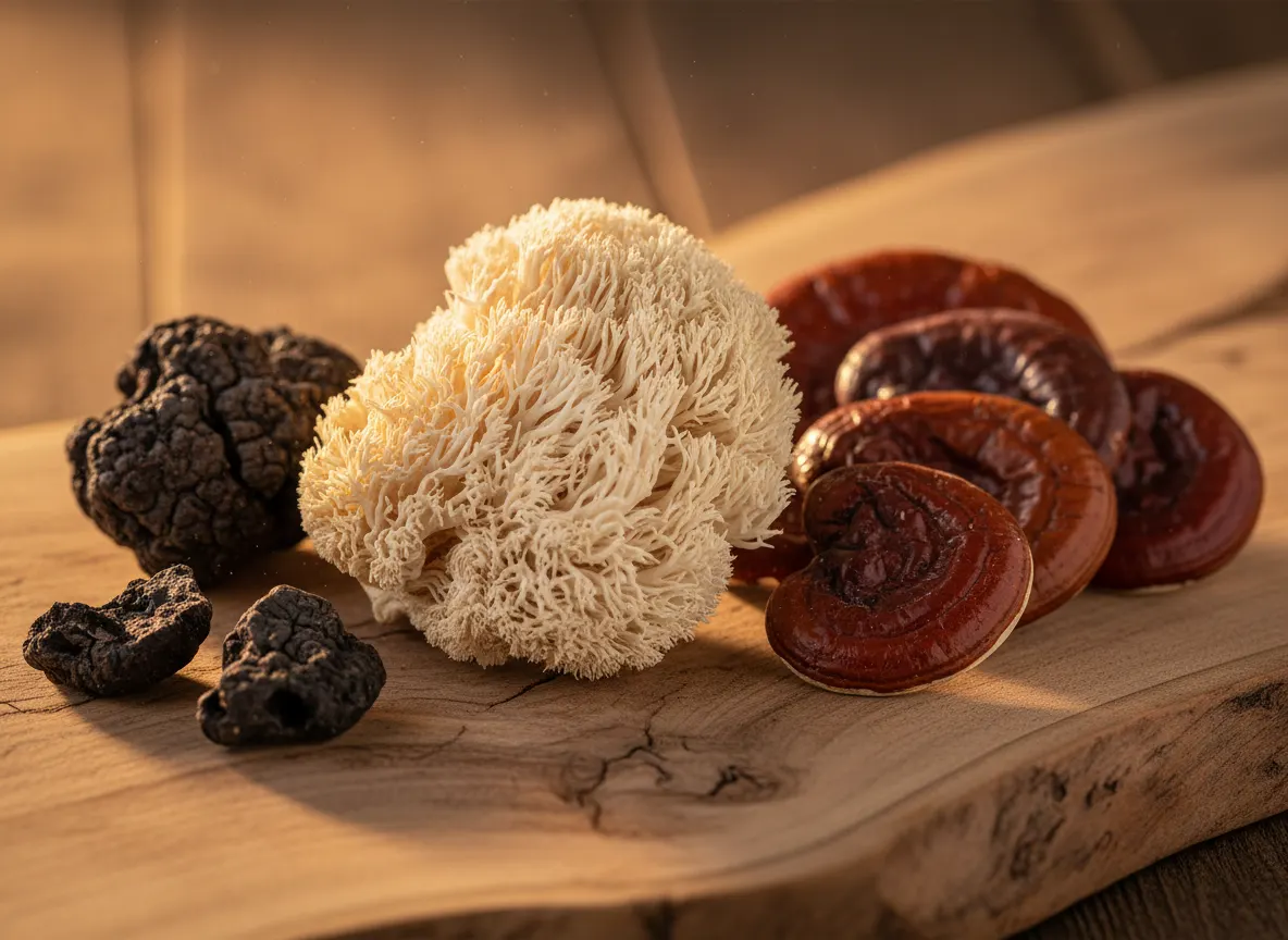 Close-up macro shot of dried mushroom fruiting bodies—Lion's Mane, Reishi, Chaga—arranged artfully on natural wood surface...