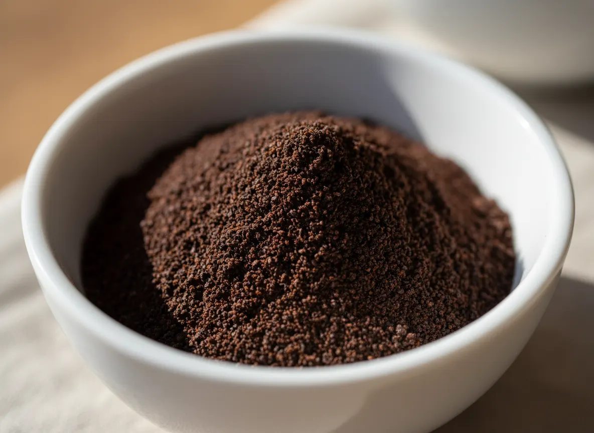 Close-up of dark mushroom fruiting body extract powder in white bowl, rich concentrated color, macro photography with natu...