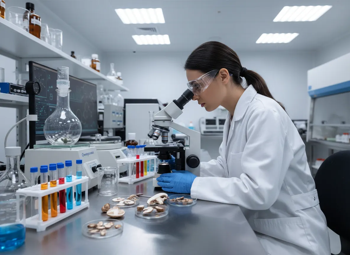 Laboratory scientist examining mushroom samples under microscope, clinical research setting with testing equipment, bright...
