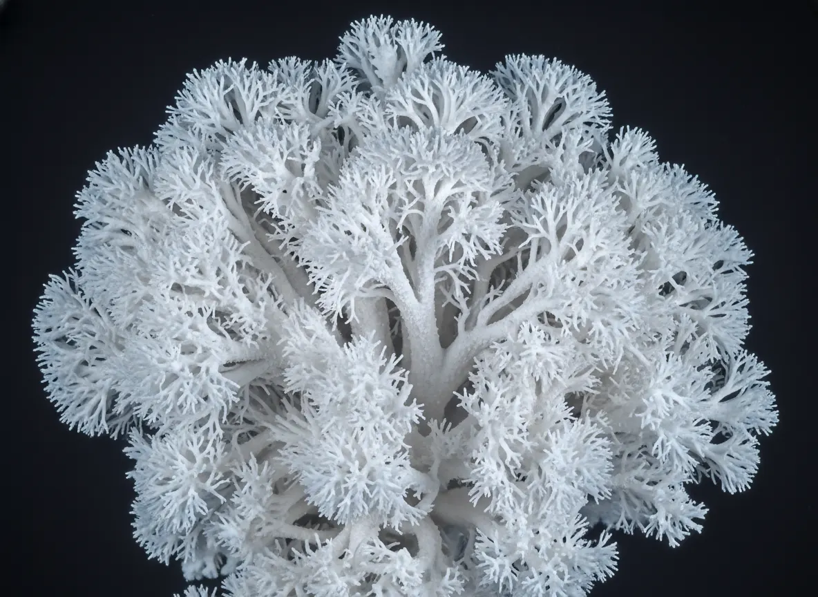 Microscopic close-up of lion's mane mushroom fruiting body showing white branching structure, clinical and scientific aest...