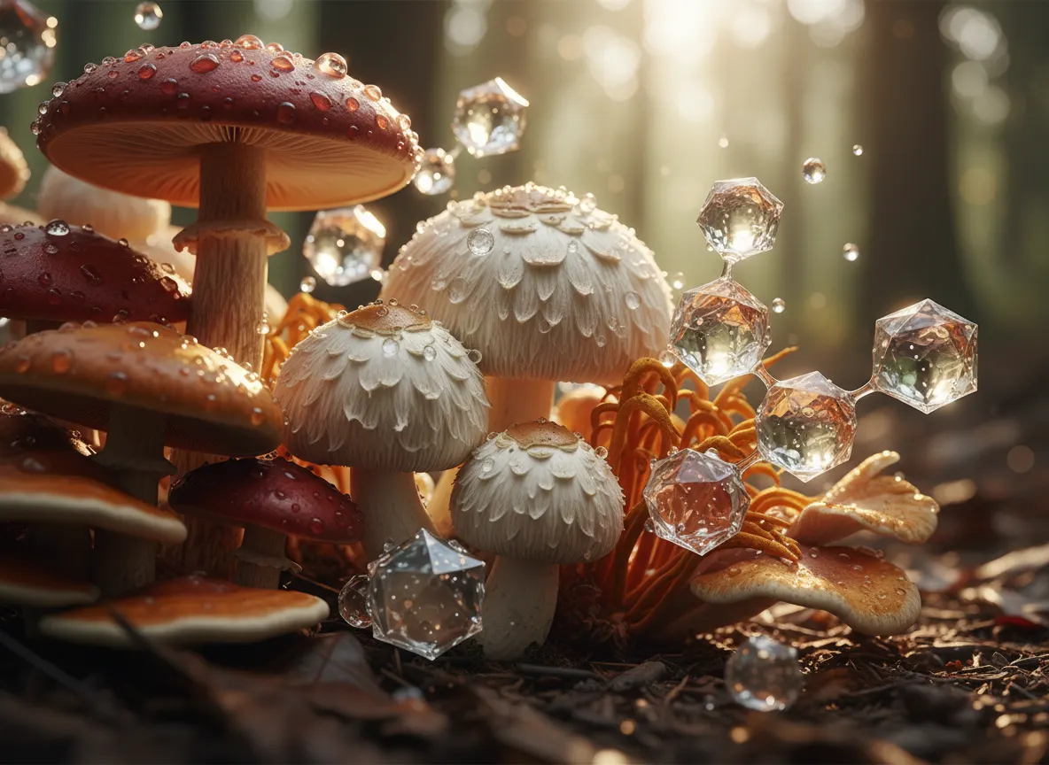 Close-up macro photography of mushroom fruiting bodies and adaptogenic compounds, scientific educational style, natural so...