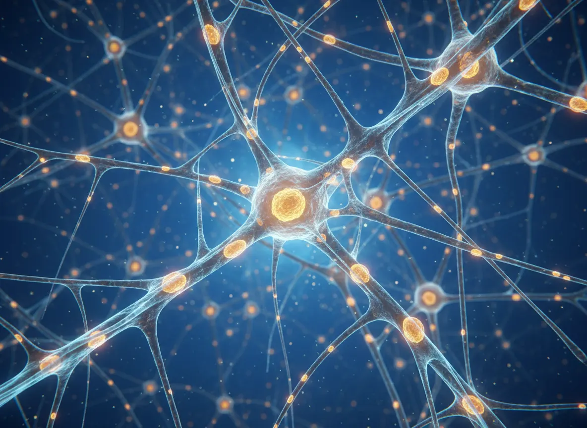 Close-up of human brain neural network with glowing energy pathways, representing neurotransmitter production and cellular...