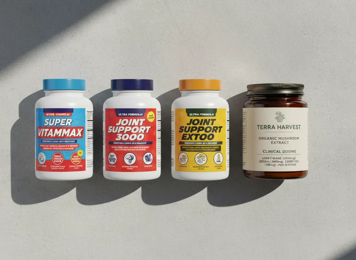 Flat lay comparison of cheap supplement bottles versus premium mushroom extract jar with clinical dosing label, , clean mi...