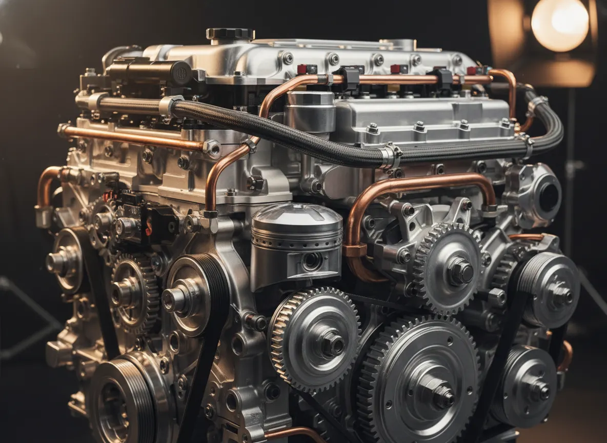 Close-up of a sophisticated car engine or precision mechanical system with clean, well-maintained components. Warm profess...