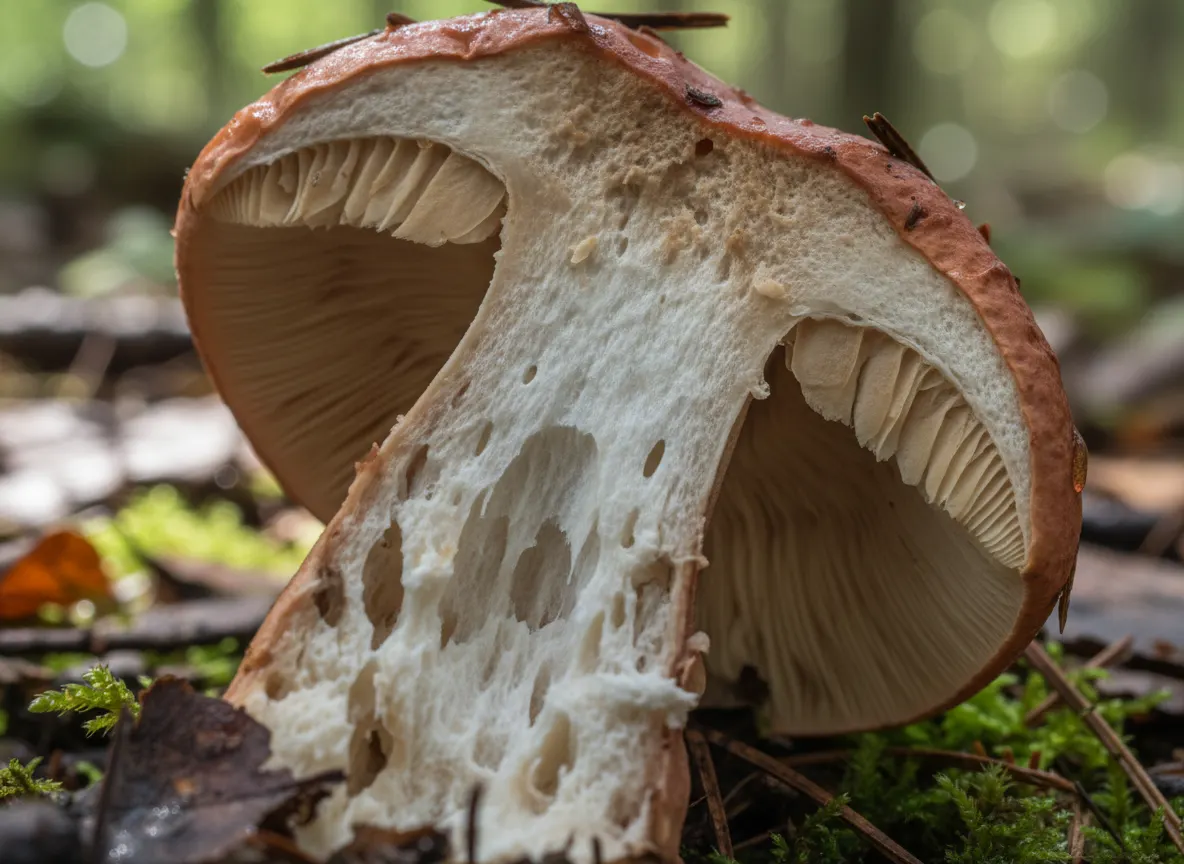 Close-up of mushroom fruiting body cross-section showing internal structure and texture, , macro photography style, , no l...