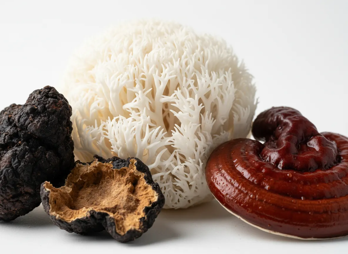 Close-up macro photography of functional mushrooms (Lion's Mane, Reishi, Chaga) showing detail and texture, natural , clea...