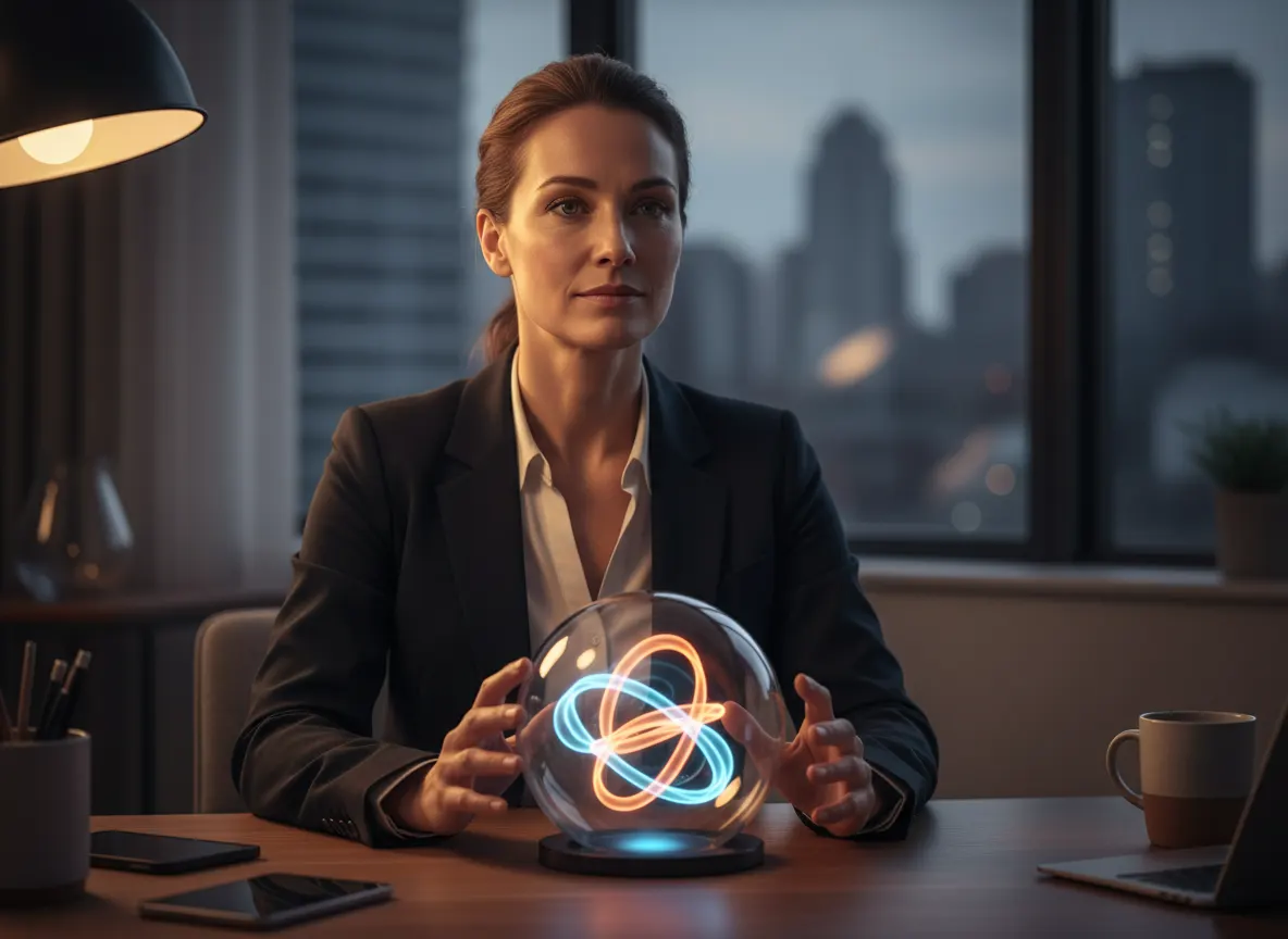 Close-up of smooth, sustained energy visualization—calm professional focused at desk with steady lighting, alert but relax...