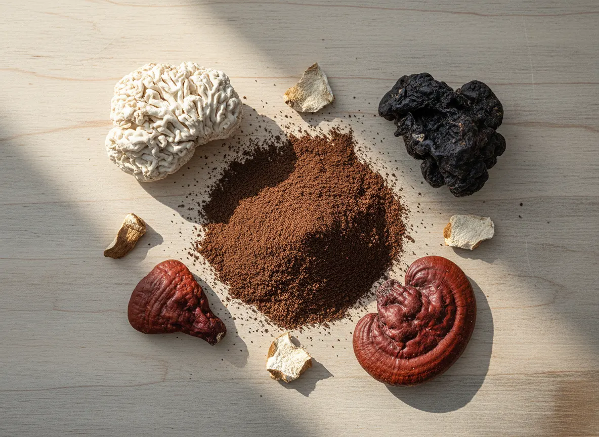 Close-up flat lay of mushroom coffee powder and whole dried mushrooms (Lion's Mane, Reishi, Chaga) on light wooden surface...