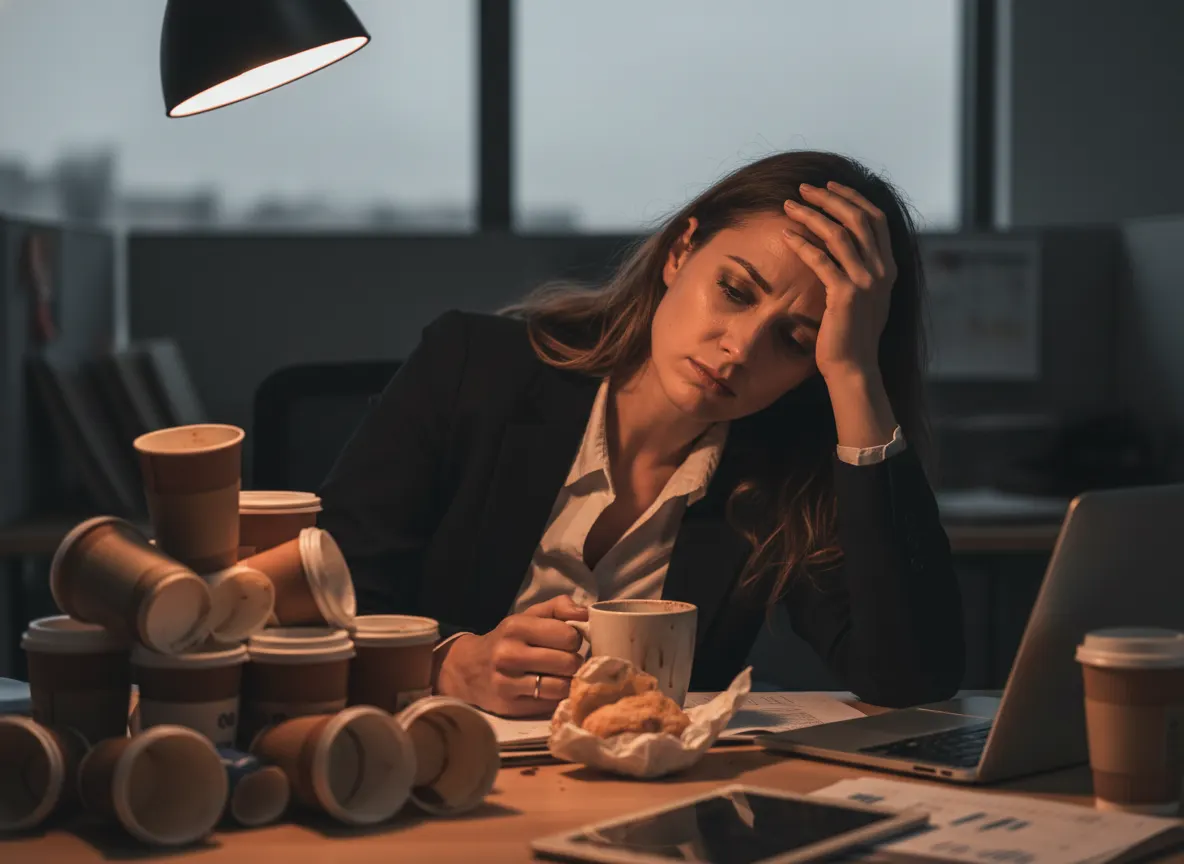 Stressed professional at desk surrounded by empty coffee cups showing caffeine dependency cycle, afternoon crash moment, m...