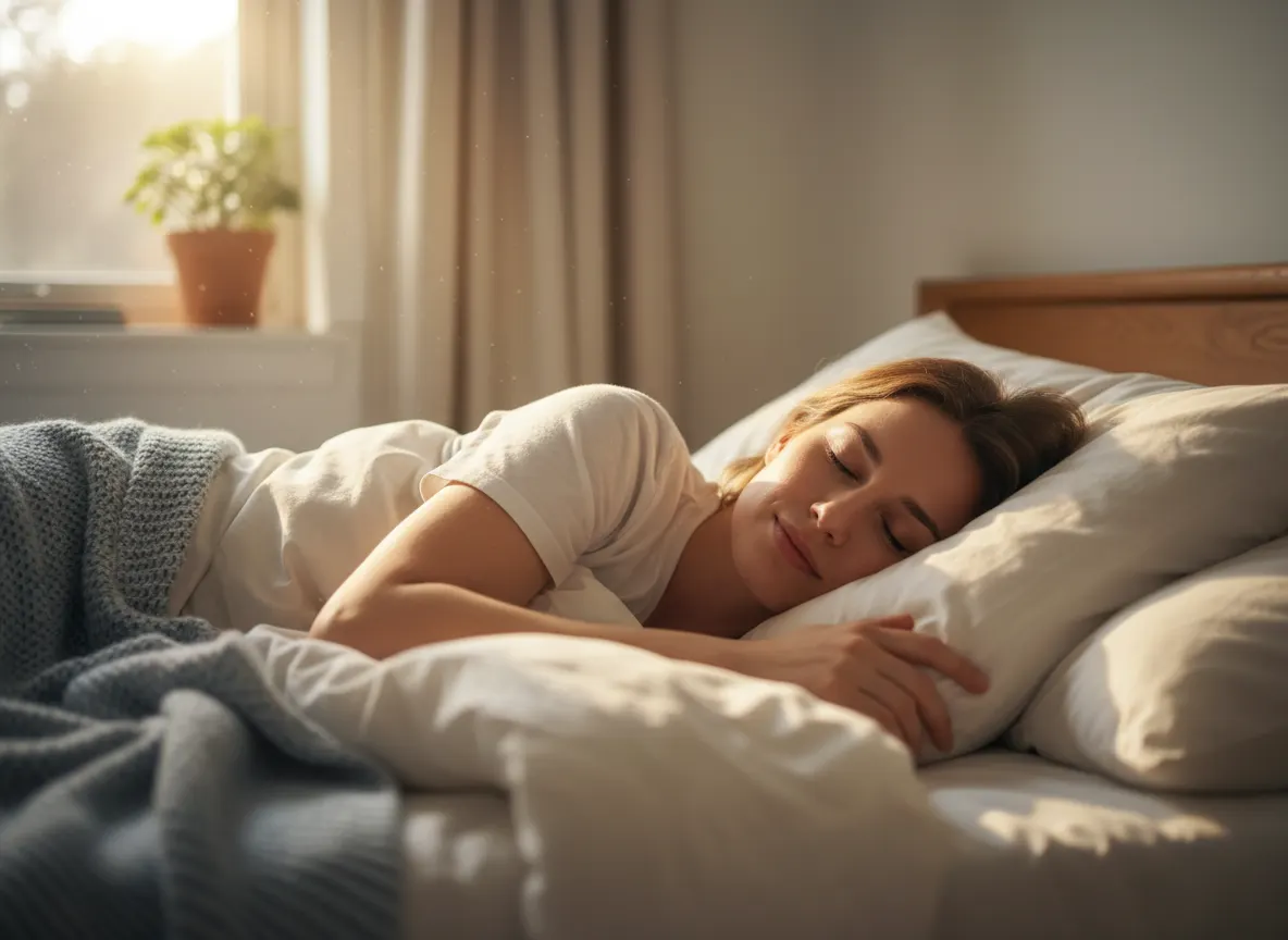 Peaceful person sleeping deeply in bed, morning sunlight streaming through window, refreshed expression, cozy bedding, sho...