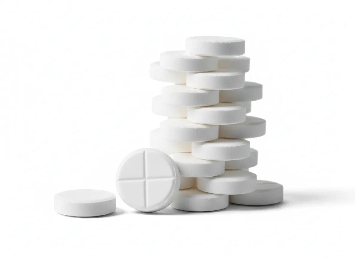 Single aspirin tablet next to stack of similar tablets, macro pharmaceutical close-up, clinical white background, sharp fo...