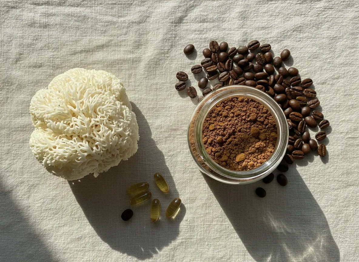 flat lay of mushroom coffee powder in glass jar, coffee beans, Lion's Mane mushroom specimen, and supplement capsules arra...