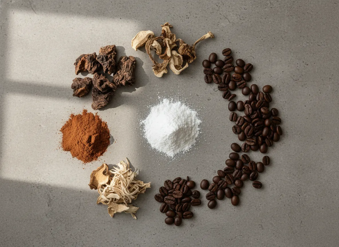 Organized flat-lay of supplement ingredients: mushroom extracts, L-theanine powder, coffee beans, arranged on neutral surf...