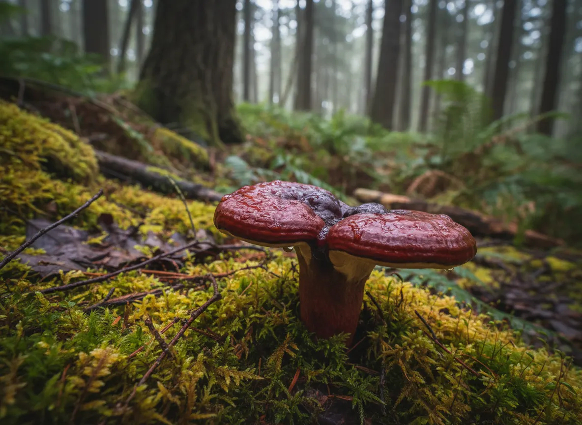 Reishi mushroom (glossy dark red-brown cap) growing on forest floor with moss and natural woodland background, moody , for...